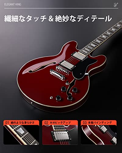 Donner セミアコギター エレキギター セミアコースティックギター セミホロウボディ ダブルカッタウェイ チェリー色 DJP-1000Rの特徴・詳細 画像