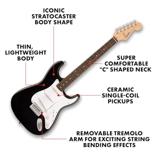Squier by Fender スクワイヤー エレキギター Debut Collection™ Stratocaster®, Laurel Fingerboard, White Pickguard, Black ソフトケース付きの詳細・まとめ 画像