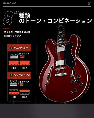 Donner セミアコギター エレキギター セミアコースティックギター セミホロウボディ ダブルカッタウェイ チェリー色 DJP-1000Rの特徴・詳細 画像