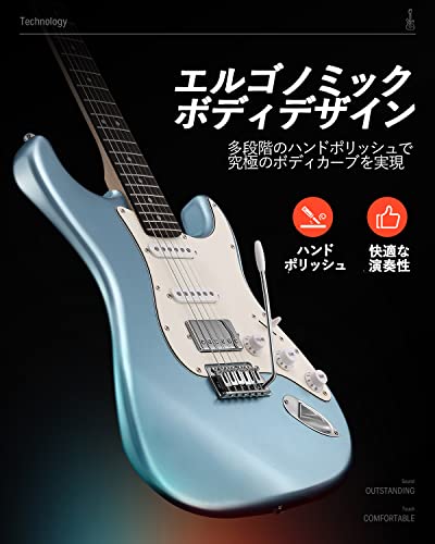 Donner エレキギター 初心者セット STタイプ コイルタップ 6点止めトレモロ ミニアンプ付き ケース· ストラップ· シールド付属 DST-152R ブルー 中間 画像