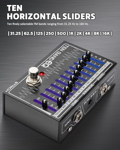 STRICH EQイコライザー エフェクター 10バンド イコライザーエフェクトペダル エレキギターとベース用イコライザー 10周波数帯域(31.25Hz~16kHz) 各バンドのゲイン/減衰±12dB TENBAND EQの特徴・詳細 画像