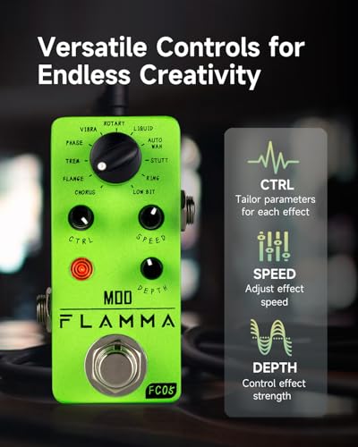 FLAMMA FC05ミニ モジュレーション ペダル コーラス フランジャー トレモロ フェイザー ビブラート ロータリー 液体 オートワ スタッターリング ロービット付の特徴・詳細 画像