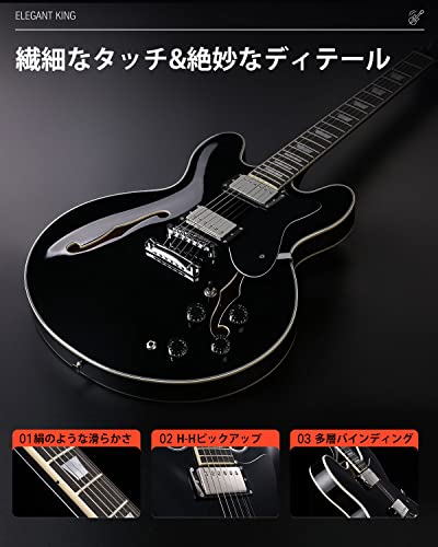 Donner セミアコギター エレキギター セミアコースティックギター セミホロウボディ ダブルカッタウェイ Jazz Electric Guitar with Semi-Hollow Body ブラック DJP-1000Dの特徴・詳細 画像
