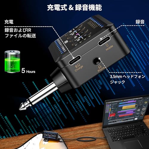 ギターヘッドフォンアンプ Bluetoothミニプラグ 10つのアンプモデル チューナー付き エフェクト付き LEKATO インレイマルチエフェクトディレイリバーブコーラスオーバードライブ 充電式 エレクトリックギター用 USBエクスポートの特徴・詳細 画像