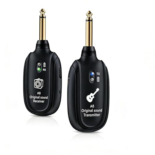 ギターワイヤレスシステム 2.4GHz 超低遅延 6.35mmプラグ対応 USB充電式 コードレス 軽量 コンパクト ギター・ベース対応（エレキ／エレアコ／アコースティック） 日本語説明書付きの外観・全体像 画像