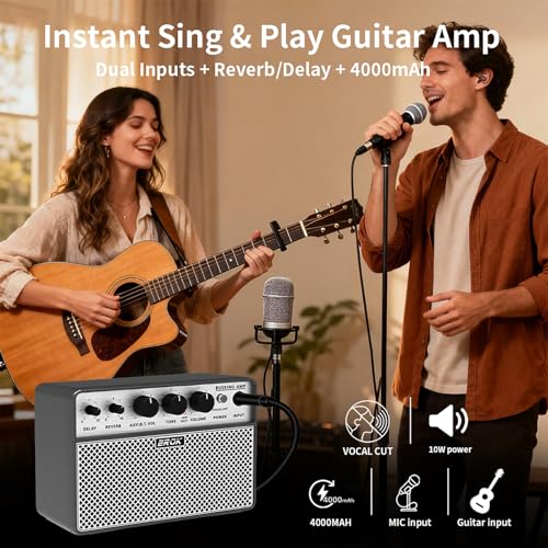 EROK アコースティックギターアンプ - ポータブル2イン1アンプ ボーカル&ギター用 デジタルディレイ/リバーブエフェクト、ヘッドホン出力&OTG録音、練習/旅行用のコンパクトアンプの詳細・まとめ 画像