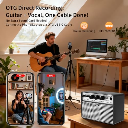 EROK アコースティックギターアンプ - ポータブル2イン1アンプ ボーカル&ギター用 デジタルディレイ/リバーブエフェクト、ヘッドホン出力&OTG録音、練習/旅行用のコンパクトアンプの特徴・詳細 画像