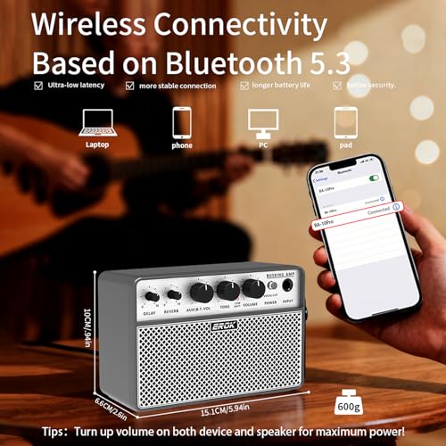 EROK アコースティックギターアンプ - ポータブル2イン1アンプ ボーカル&ギター用 デジタルディレイ/リバーブエフェクト、ヘッドホン出力&OTG録音、練習/旅行用のコンパクトアンプの特徴・詳細 画像