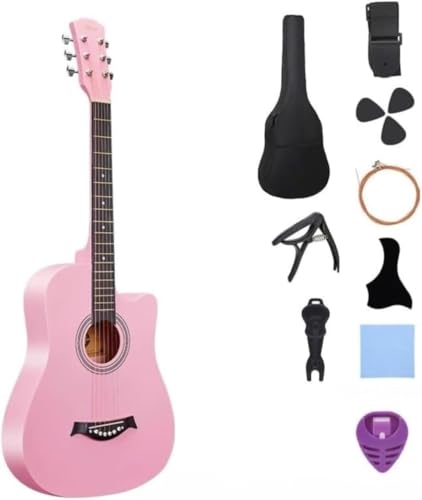 アコースティックギター 10点セット 38インチ 初心者向け 学生・子供・大人対応 入門用 練習用 ギターセット 弦・チューナー付き (ピンク)の外観・全体像 画像