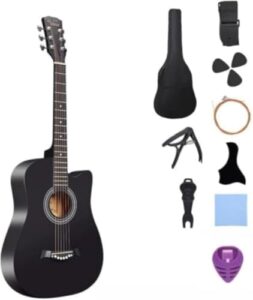 アコースティックギター 10点セット 38インチ 初心者向け 学生・子供・大人対応 入門用 練習用 ギターセット 弦・チューナー付き (ブラック) 1