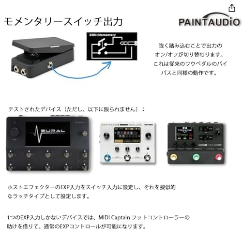 【国内正規品】PAINTAUDIO FOOT CAPTAIN SWM エクスプレッションペダル 外部ペダル エクステンションペダル | Tip出力・Ring出力対応 | モーメンタリー式スイッチ信号出力を追加搭載 | MIDIコントローラー | マルチエフェクト制御 | ワウ・ボリューム・ピッチシフト対応 (SWM)の特徴・詳細 画像