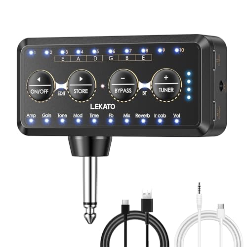 ギターヘッドフォンアンプ Bluetoothミニプラグ 10つのアンプモデル チューナー付き エフェクト付き LEKATO インレイマルチエフェクトディレイリバーブコーラスオーバードライブ 充電式 エレクトリックギター用 USBエクスポートの外観・全体像 画像