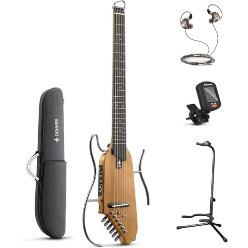 Donner HUSH-I スタンド付きセット メイプル サイレントアコースティックギター イヤホン対応 集合住宅対応 夜間練習 ケース/イヤホン/チューナー/ピック/ストラップ付属 エレアコ ドナーの外観・全体像 画像