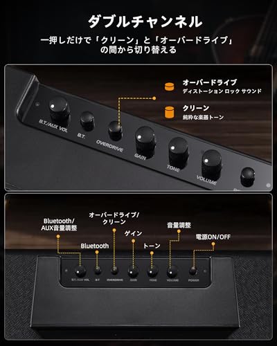 ギター 小型 ミニアンプ エレクトリックギターアンプ クリーンオーバードライブエフェクト付き 5W ミニベース Bluetooth 毎日の練習用 ポータブル(ブラック)の詳細・まとめ 画像