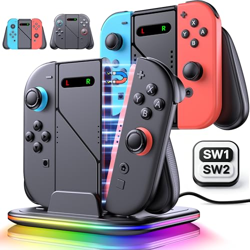 Joypad Charger Grip Nintendo Switch 2/Switch 第1世代 Joy Con、4 in 1スイッチ充電器ステーション、人間工学に基づいたLED充電グリップ、USB Cケーブル充電アクセサリー付きの外観・全体像 画像