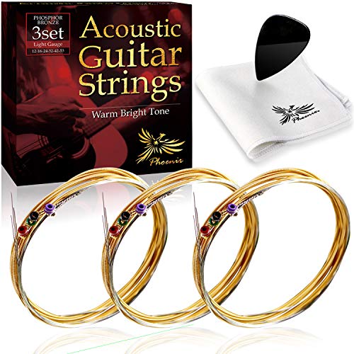 Phoenix アコースティック ギター 弦 フォスファーブロンズ PHOSPHOR_BRONZE Warm Bright Tone 3set 透明感ある音 ドンシャリ感 ポールエンド色分け/お手入れクロス&ピック 付き (ライト/Light)の外観・全体像 画像
