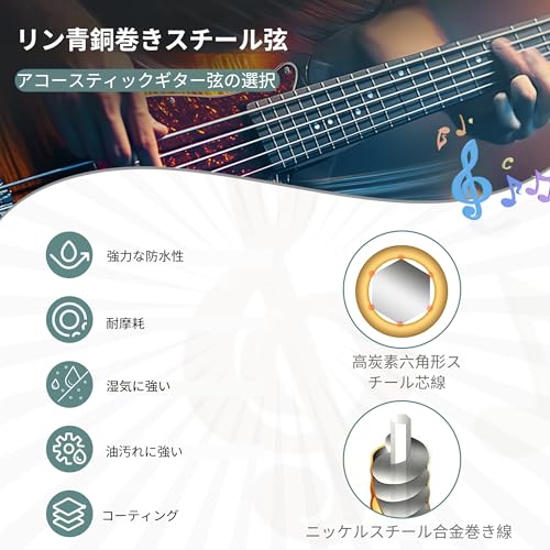 Zachary アコースティックギター弦 6弦セット 2パック フォークギター弦 長寿命 防錆コーティング 滑らかなタッチ・明るくクリアな音色 初心者にもの特徴・詳細 画像